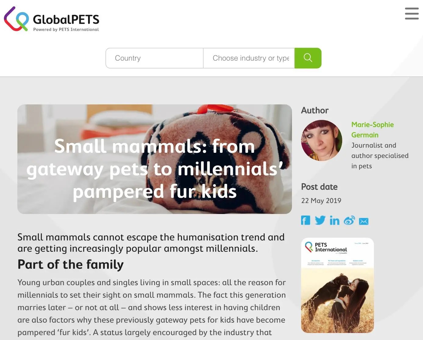 Pet industry article for Pets International by Marie-Sophie Germain